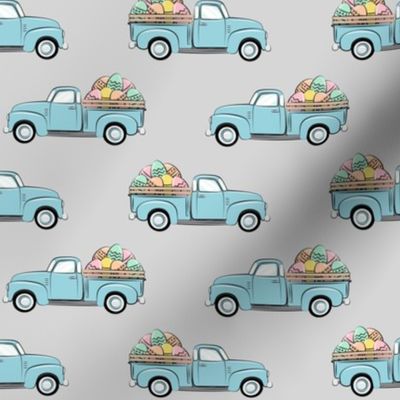pastel vintage trucks with Easter eggs - Easter Fabric - grey LAD19 