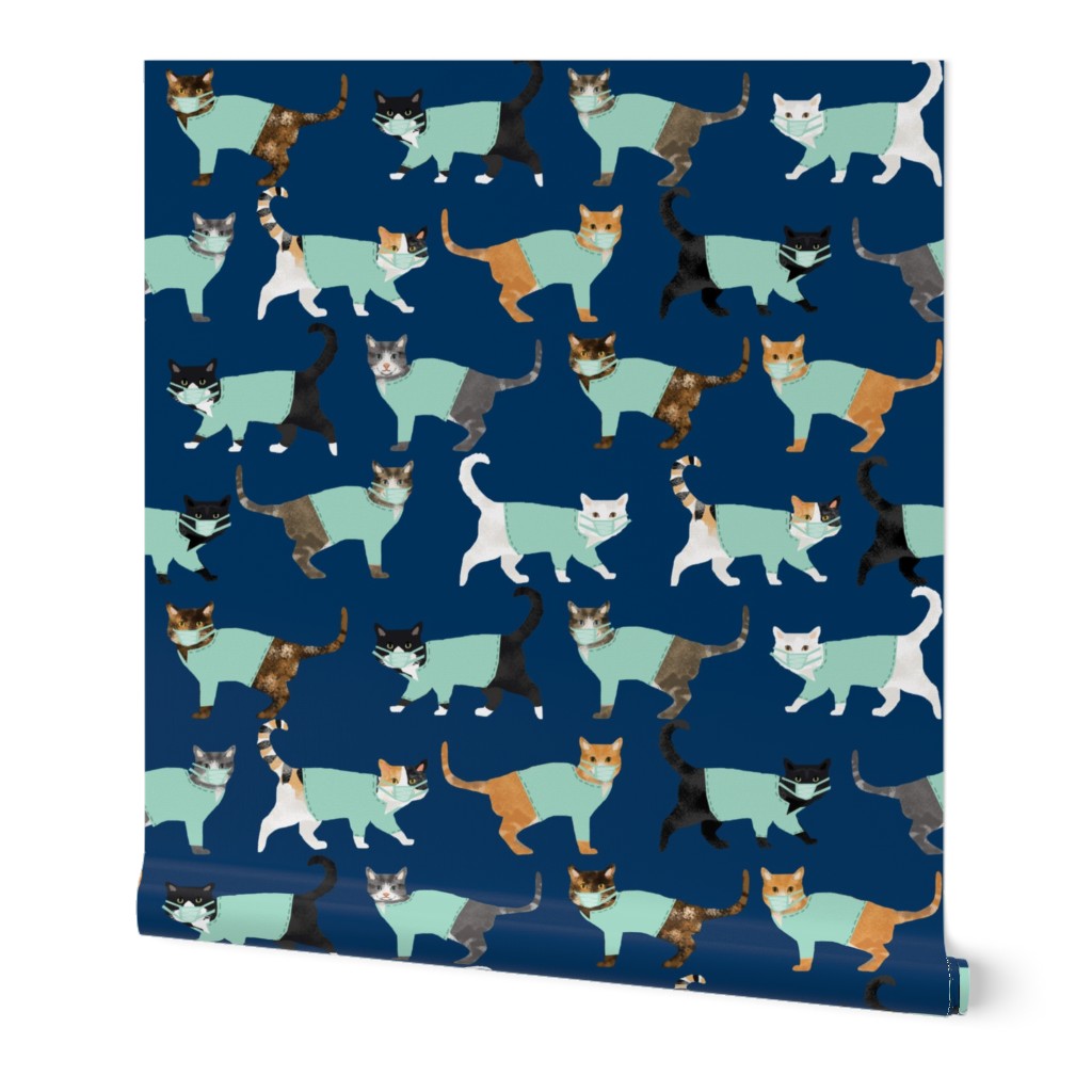 cats in scrubs pattern fabric, - dentist, doctor, nurse scrubs fabric, cat lady pattern, cats pattern fabric, pet friendly - navy