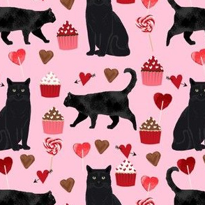 black cat valentines day fabric - cat lady valentines, cat lady fabric, cat love fabric, cupcakes chocolates fabric -  pink