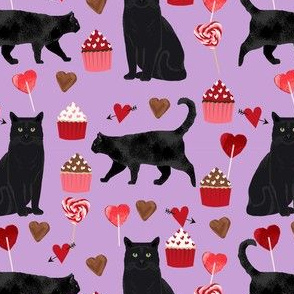 black cat valentines day fabric - cat lady valentines, cat lady fabric, cat love fabric, cupcakes chocolates fabric - purple