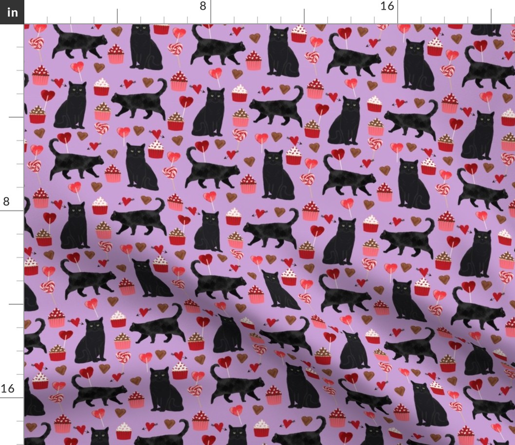 black cat valentines day fabric - cat lady valentines, cat lady fabric, cat love fabric, cupcakes chocolates fabric - purple