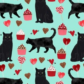 black cat valentines day fabric - cat lady valentines, cat lady fabric, cat love fabric, cupcakes chocolates fabric - mint