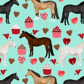 horse valentines day fabric - pink horse fabric, horses love fabric, chocolates cupcakes fabric, - mint