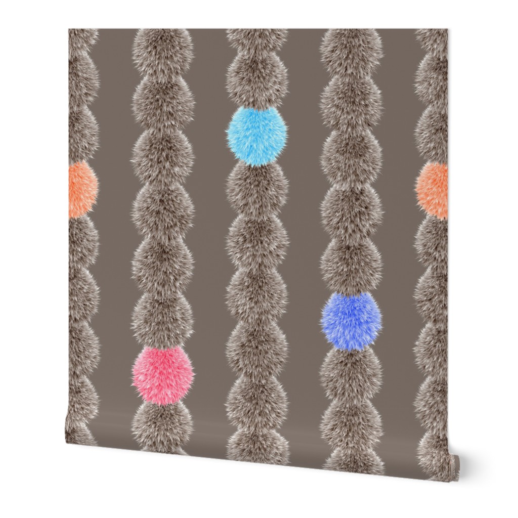 Fur fluffy balls stripes brown blue pink dots large