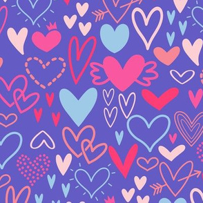 Valentines Day Heart Doodles Red, Pink, Dark Pink, Dark Red on Purple Background - Valentines Day - Valentines Day Fabric