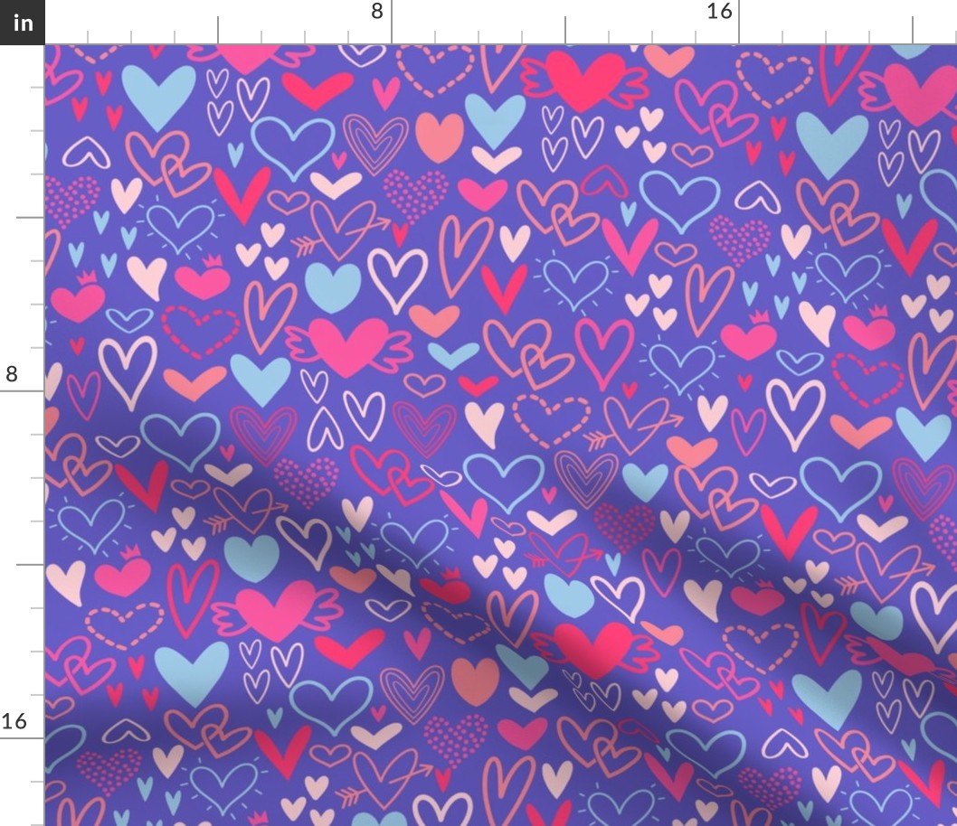 Valentines Day Heart Doodles Red, Pink, Dark Pink, Dark Red on Purple Background - Valentines Day - Valentines Day Fabric