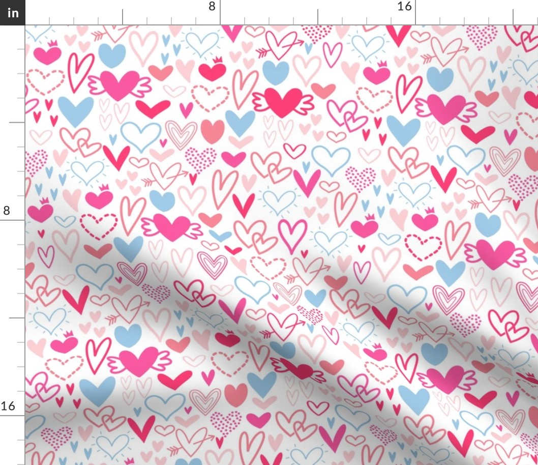 Valentines Day Heart Doodles Red, Pink, Dark Pink, Dark Red on White Dark Red Background - Valentines Day - Valentines Day Fabric