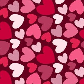 Valentines Day Hearts Red, Pink, Dark Pink, Dark Red on Dark Red Background - Valentines Day - Valentines Day Fabric
