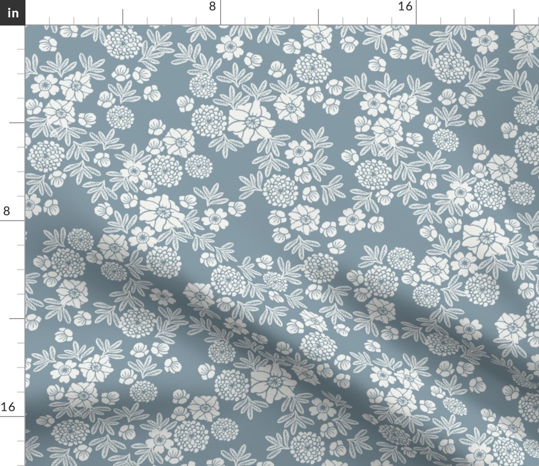 woodcut floral - sfx4109, dusty blue, arona blue, floral