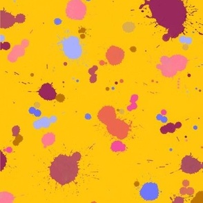 Pink and blue rainbow paint splatters on yellow