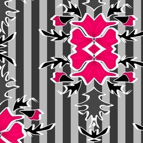 Damask red and black pattern on a gray striped background 