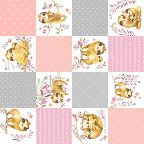 Sloth Cheater Quilt – Patchwork Blanket Baby Girl Bedding, Soft Gray Pink Peach ROTATED - Design GG