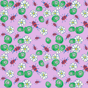 lady bugs daisies 2 lavender  blue lines