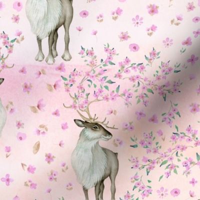 12" Deer and Cherry Blossoms - Hand drawn watercolor pattern on pink