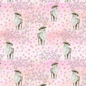 12" Deer and Cherry Blossoms - Hand drawn watercolor pattern on pink