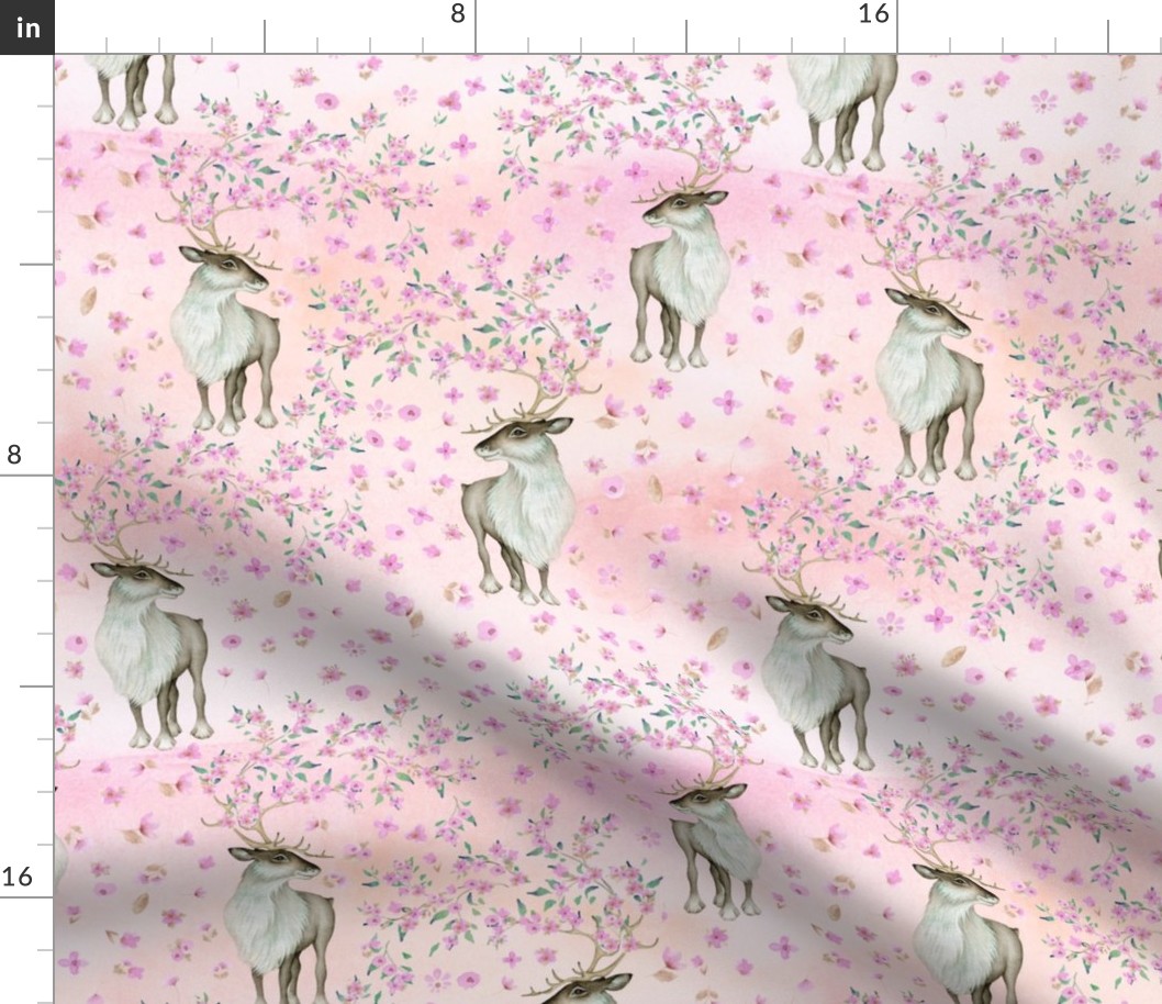 12" Deer and Cherry Blossoms - Hand drawn watercolor pattern on pink