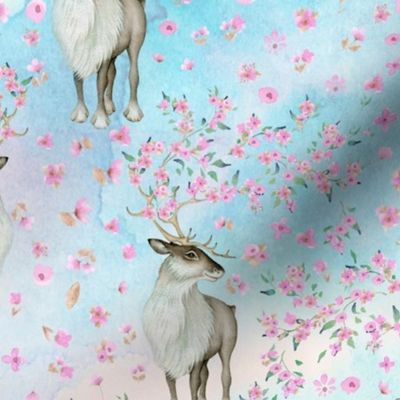 12" Deer and Cherry Blossoms - Hand drawn watercolor pattern