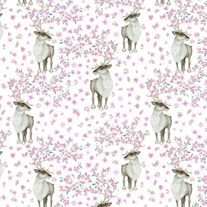 12" Deer and Cherry Blossoms - Hand drawn watercolor pattern on white