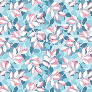 Pastel twigs of pink, white and dark blue on a light blue background, Small scale