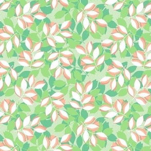 Pastel twigs of pink, white and dark green colors on a light green background, Small scale