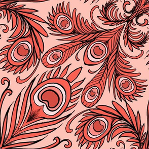 Retro coral peacock damask