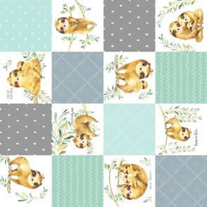 Sloth Cheater Quilt – Patchwork Blanket Baby Boy Bedding, Soft Gray Blue Green ROTATED, Design MM