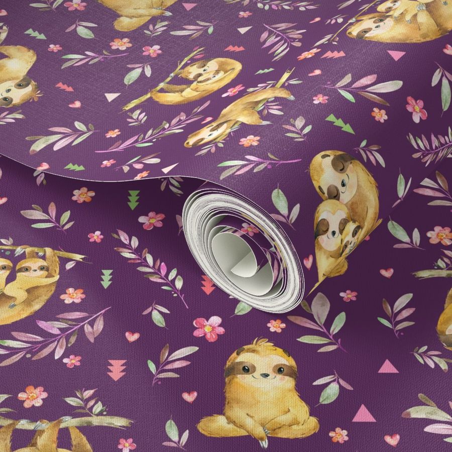 Sloths Hangin On, Plum– Children's Bedding Baby Girl Nursery, LARGE Scale