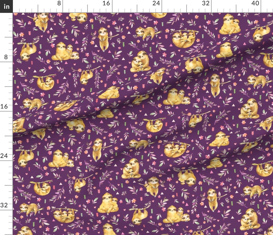 Sloths Hangin On, Plum– Children's Fabric | Spoonflower