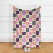 Sloth Cheater Quilt – Patchwork Blanket Baby Girl Bedding, Plum Peach Pink Grey, ROTATED Design EA