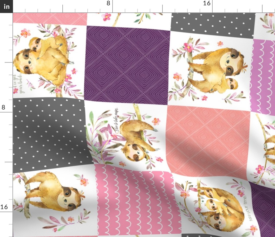 Sloth Cheater Quilt – Patchwork Blanket Baby Girl Bedding, Plum Peach Pink Grey, ROTATED Design EA