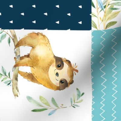 Sloth Cheater Quilt ROTATED – Patchwork Blanket Baby Boy Bedding, Teal Blue Green, Design GL