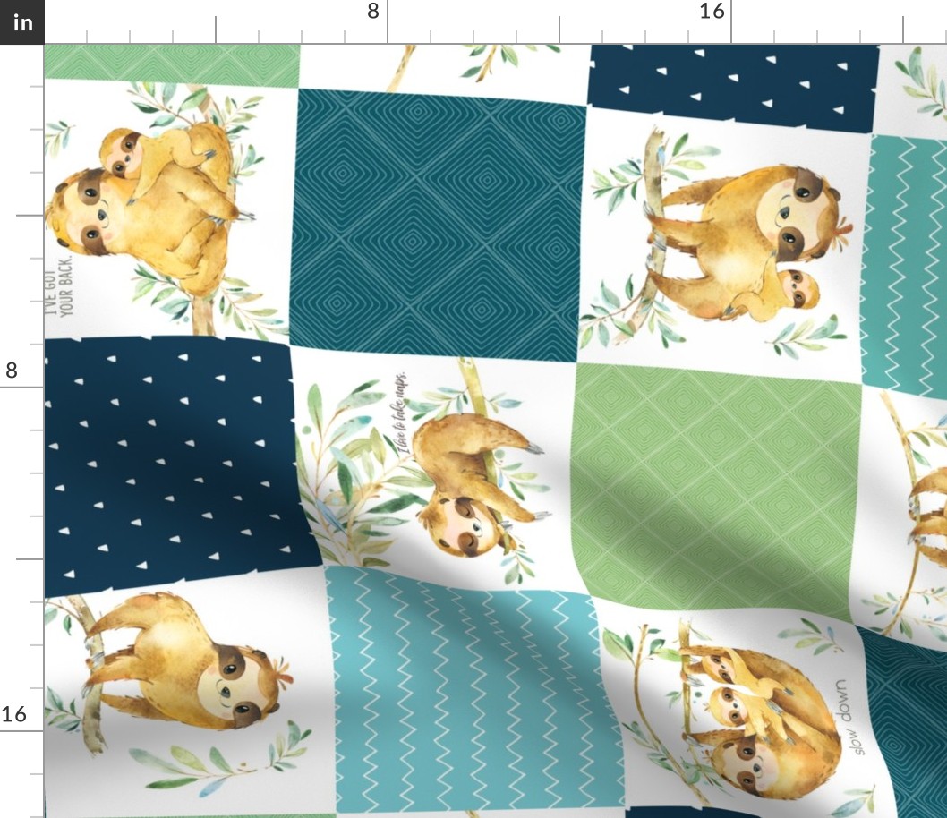 Sloth Cheater Quilt ROTATED – Patchwork Blanket Baby Boy Bedding, Teal Blue Green, Design GL