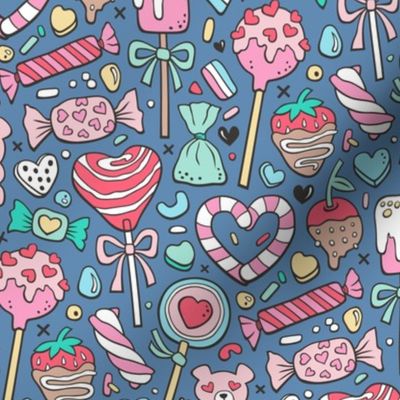 Valentine’s Day Treats Candy & Hearts on Navy Blue