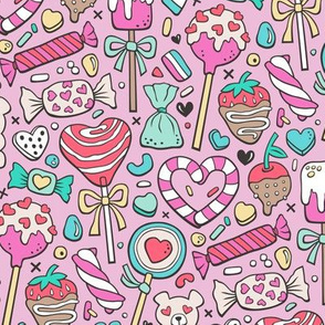 Valentine’s Day Treats Candy & Hearts on Magenta Pink