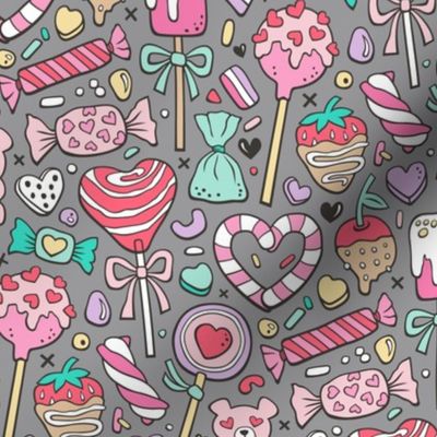 Valentine’s Day Treats Candy & Hearts on Grey