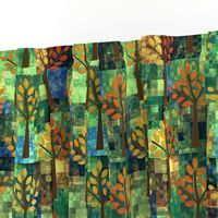 Autumn Trees on Green Mosaic Tiles