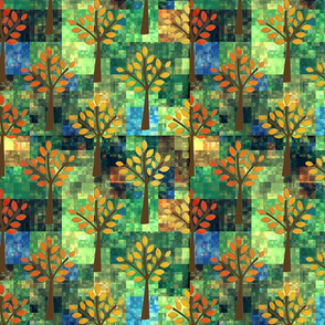 Autumn Trees on Green Mosaic Tiles