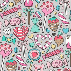 Valentine’s Day Treats Candy & Hearts on Light Grey