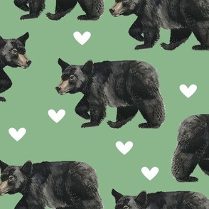 Black Bears with Hearts on Green