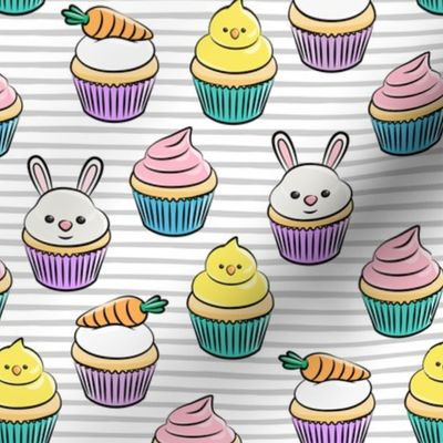 Easter cupcakes - bunny chicks carrots spring sweets - grey stripes  LAD19