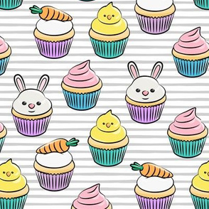 Easter cupcakes - bunny chicks carrots spring sweets - grey stripes  LAD19