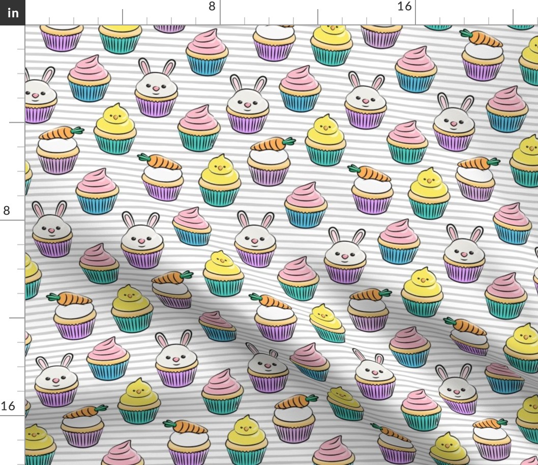 Easter cupcakes - bunny chicks carrots spring sweets - grey stripes  LAD19