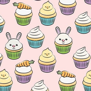 Easter cupcakes - bunny chicks carrots spring sweets - pastels with pink LAD19