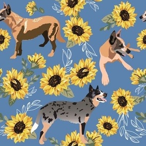 Australian Cattle Dog and Yellow Sunflowers pet puppy  animals dog fabric