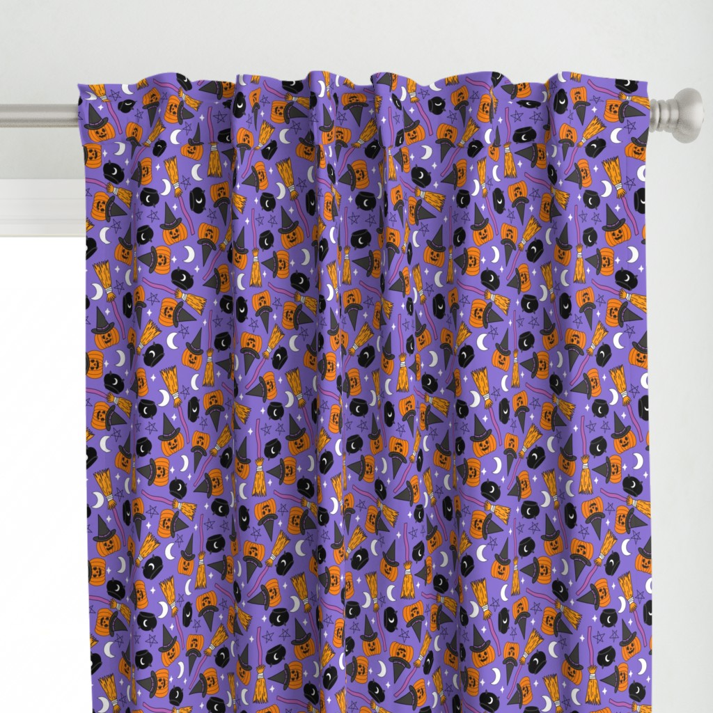 pumpkin witch fabric - pumpkin, broom, cauldron, stars and moons, purple 