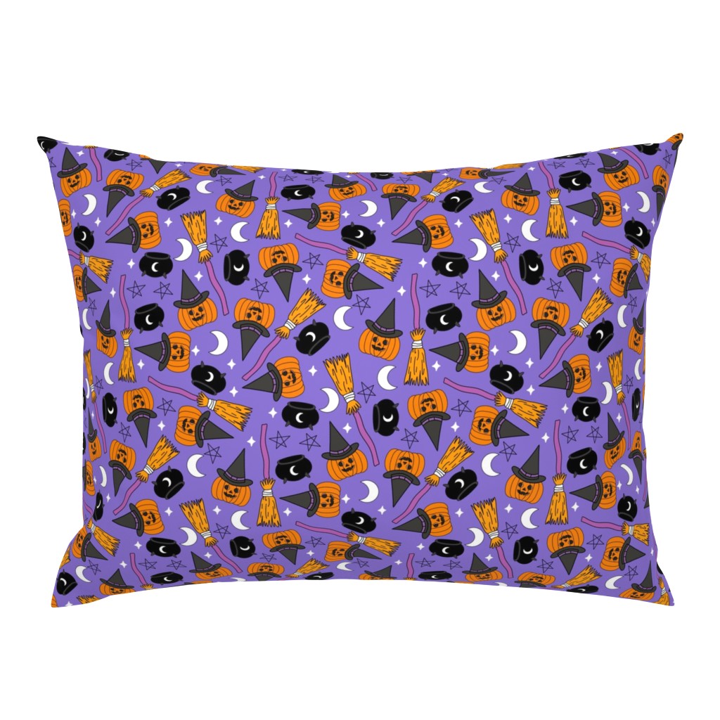 pumpkin witch fabric - pumpkin, broom, cauldron, stars and moons, purple 