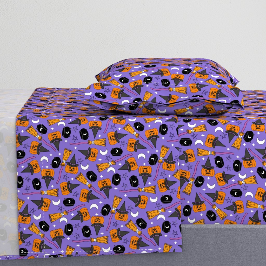 pumpkin witch fabric - pumpkin, broom, cauldron, stars and moons, purple 