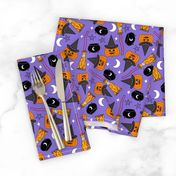 pumpkin witch fabric - pumpkin, broom, cauldron, stars and moons, purple 