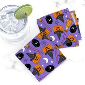 pumpkin witch fabric - pumpkin, broom, cauldron, stars and moons, purple 