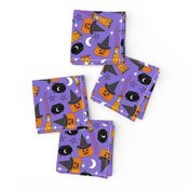 pumpkin witch fabric - pumpkin, broom, cauldron, stars and moons, purple 